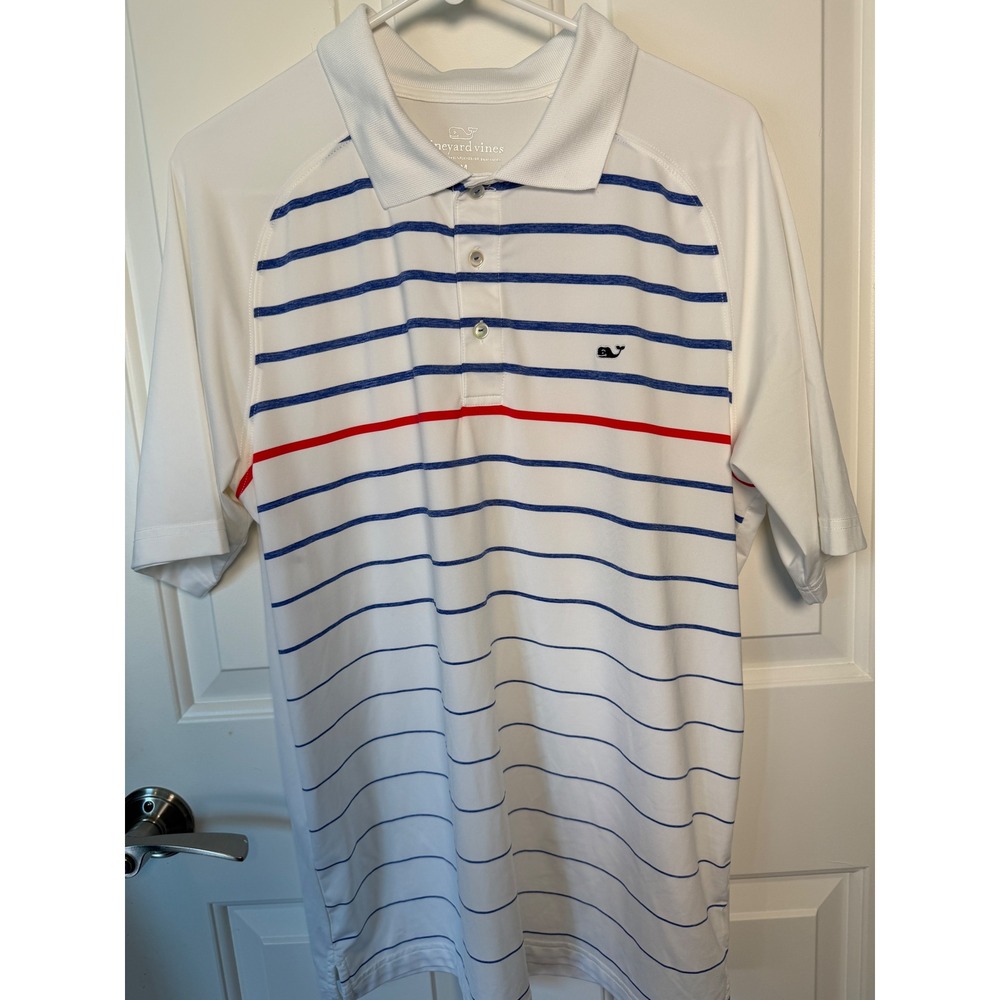 Vineyard Vines Mens Sankaty Performance Polo Shirt White Blue Red Striped Size M